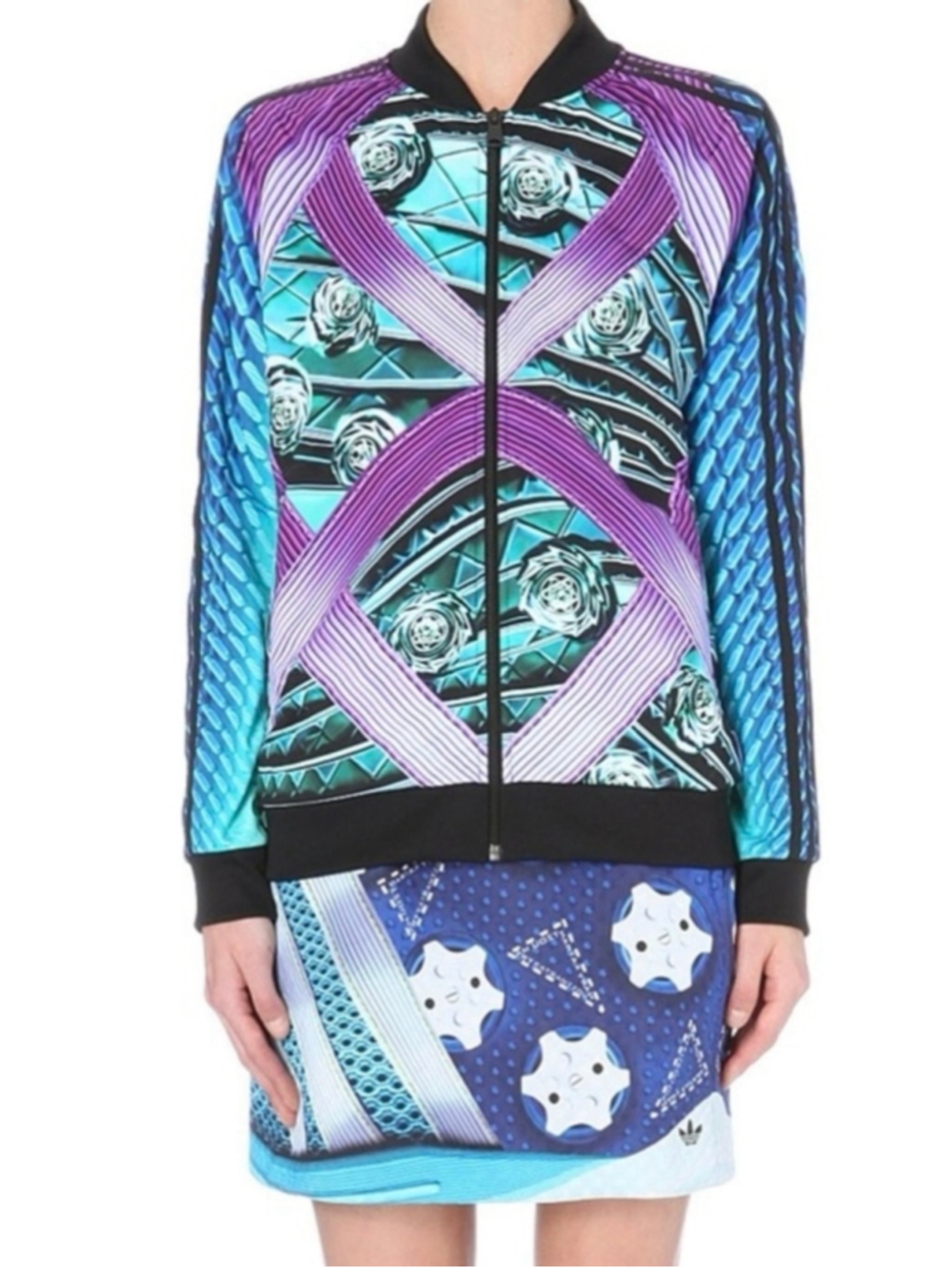 Adidas x Mary Katrantzou Multicolor Abstract Printed Jersey Bomber Jacket Small